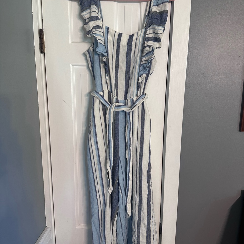Indigo Rein Striped Wide Leg Jumpsuit Blue White Ruffle Straps Tie Waist Size L